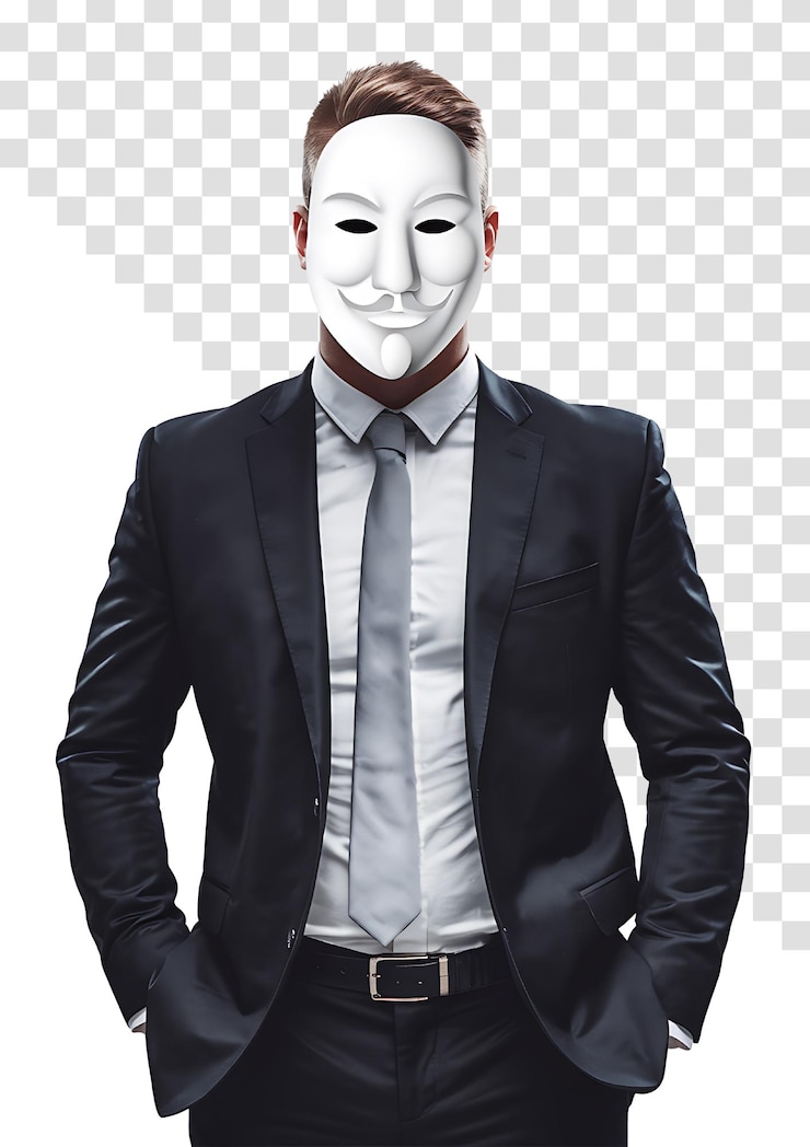PSD confident man in suit with mysterious mask