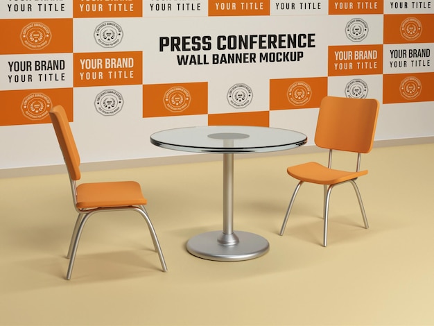 Configuração de conferência de imprensa com cadeira e mesa