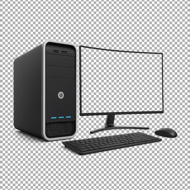 Configuração de desktop de computador preto com teclado e rato de monitor