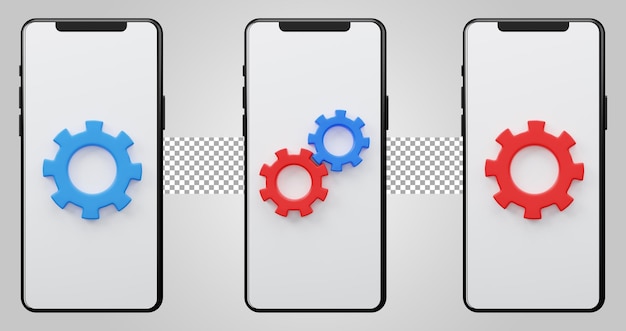Configuração de engrenagem 3D de configuração de smartphone isolada em fundo transparente