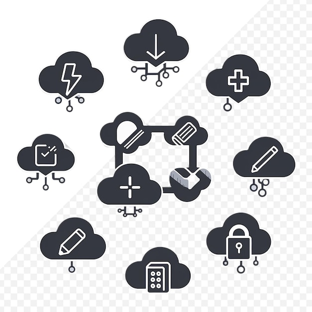 Configuração de ícones de nuvem e armazenamento em nuvem de fundo transparente vetorial