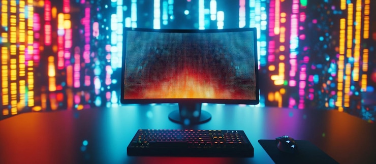 PSD configuração de jogo vibrante com teclado e mouse de computador contra um fundo colorido
