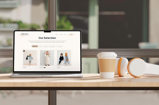 Configuração de mesa de laptop para bebê Mockup de café