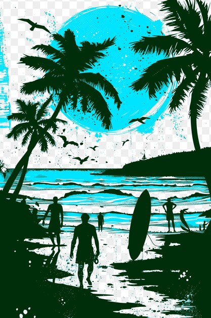 PSD configuração de praia de surf com surfistas e beachgoers para electi poster banner cartão postal t-shirt tatuagem