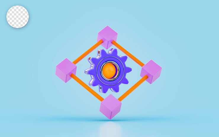 PSD configuración de la cadena de bloques de engranajes signo concepto de renderizado 3d para la configuración de negocios y finanzas