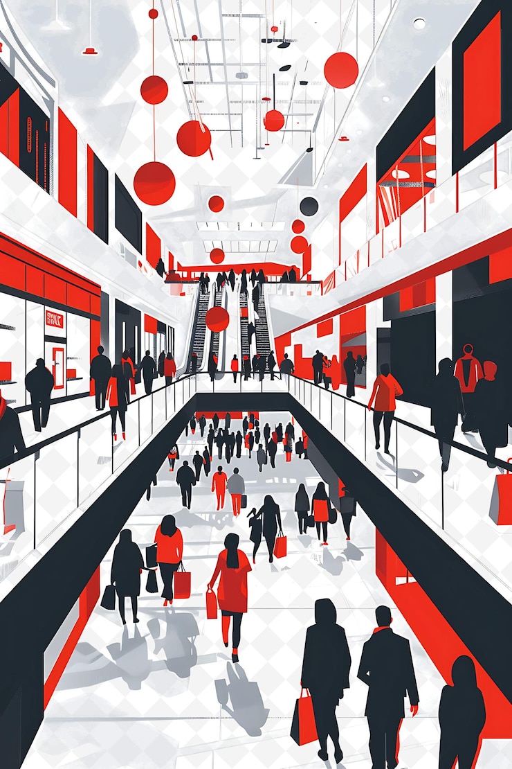 PSD configuración del centro comercial con compradores y trabajadores minoristas para el diseño de carteles de ilustración e flat