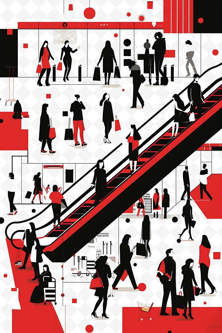 PSD configuración del centro comercial con compradores y trabajadores minoristas para el diseño de carteles de ilustración e flat