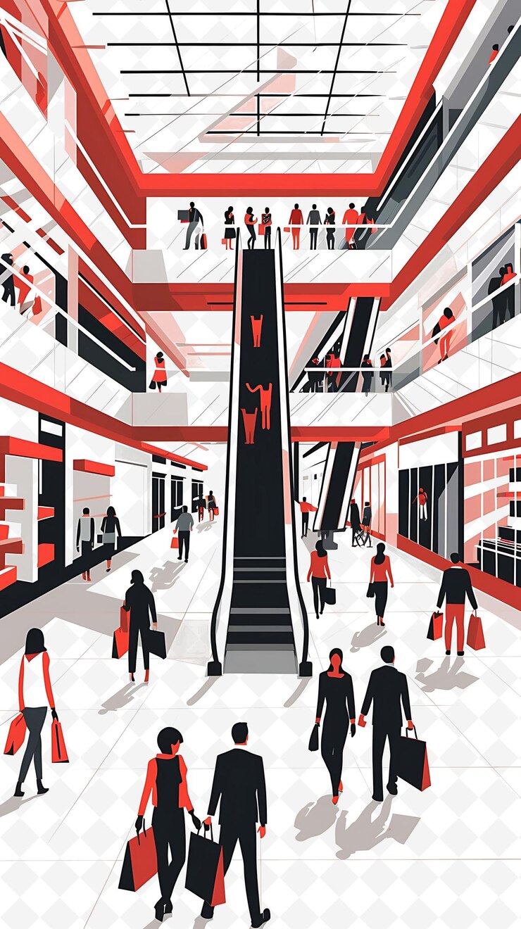 PSD configuración del centro comercial con compradores y trabajadores minoristas para el diseño de carteles de ilustración e flat
