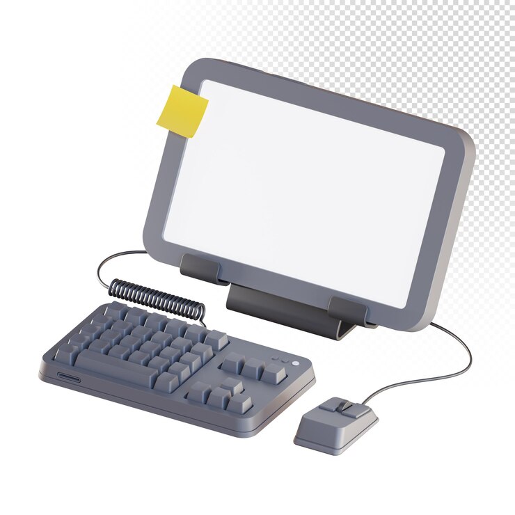 PSD configuración de computadora gris 3d con teclado de visualización y ratón nota adhesiva amarilla