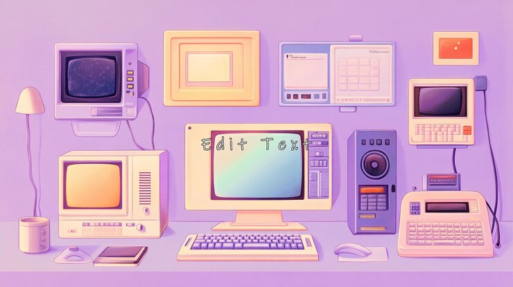 PSD configuración de computadora retro de los años 80 con tecnología vintage