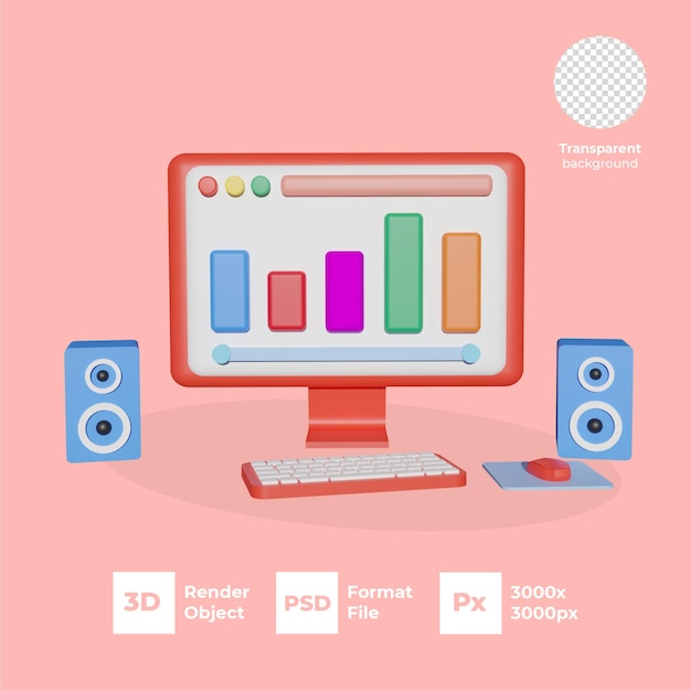 PSD una configuración de escritorio de computadora roja con un gráfico y altavoces a su alrededor