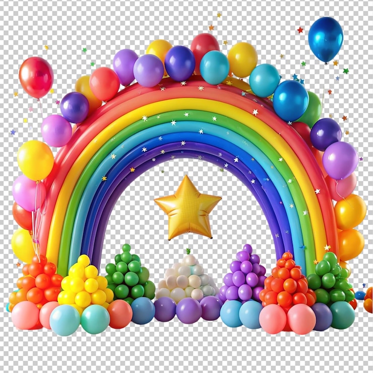 PSD una configuración de fiesta colorida con un gran arco iris inflado en un fondo transparente