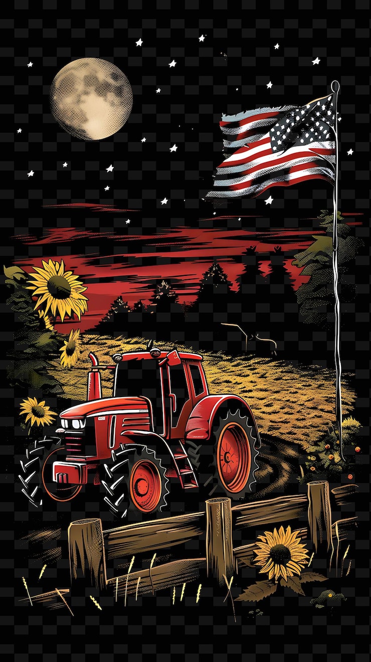 PSD configuración de la granja con un tractor y un letrero de campaña para las elecciones s diseño de cartel de ilustración plana