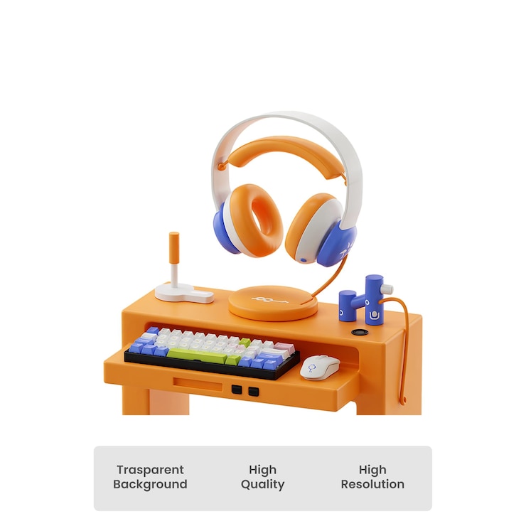 PSD configuración de juegos de dibujos animados en 3d con teclado de auriculares y micrófono