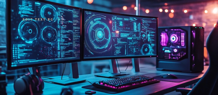 PSD configuración de juegos futuristas con monitores duales que muestran flujos de datos vibrantes teclado iluminado y pc de alto rendimiento