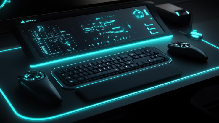 PSD configuración de juegos futuristas con ratón de teclado iluminado y pantalla grande en una alfombra de escritorio elegante