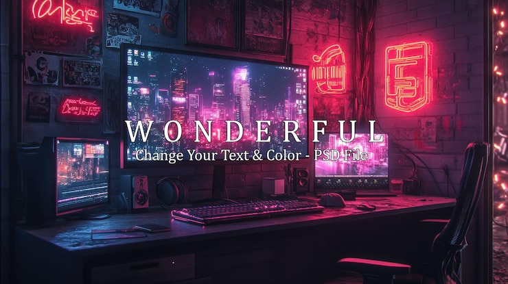 PSD configuración de juegos de neon cityscape
