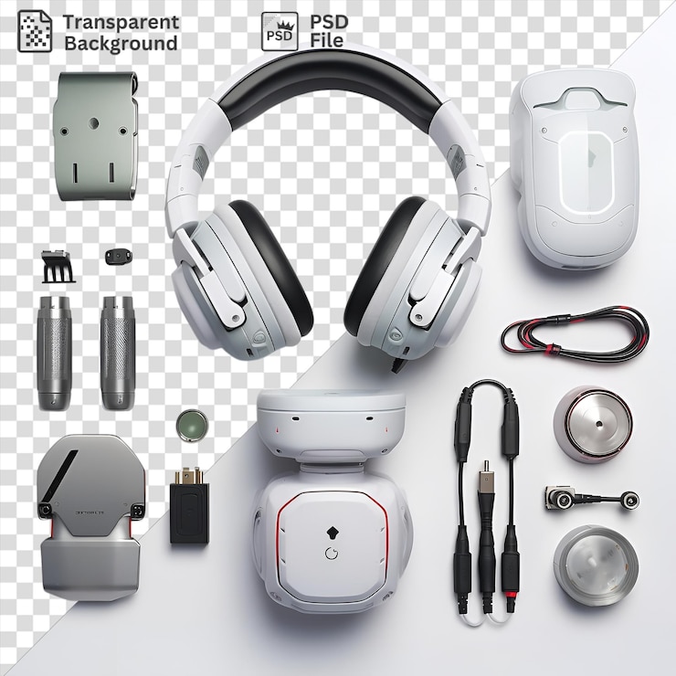 PSD configuración de juegos de realidad virtual de alta tecnología con auriculares negros, un fondo transparente y un auricular gris y blanco