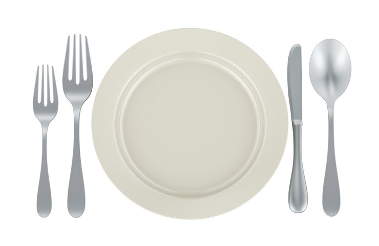 PSD configuración de la mesa plato con horquilla cuchara y cuchillo rendering 3d aislado en fondo transparente