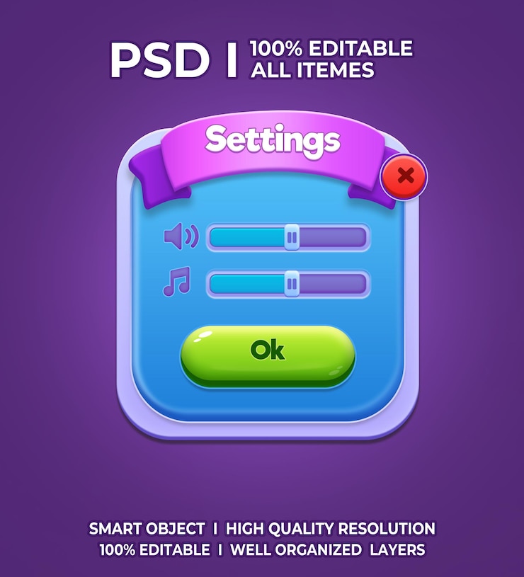 PSD configuración de la pantalla de la interfaz de usuario del juego 2d ui interfaz de usuario de juego casual ui ui kit ui art juego de dibujos animados ui cool ui