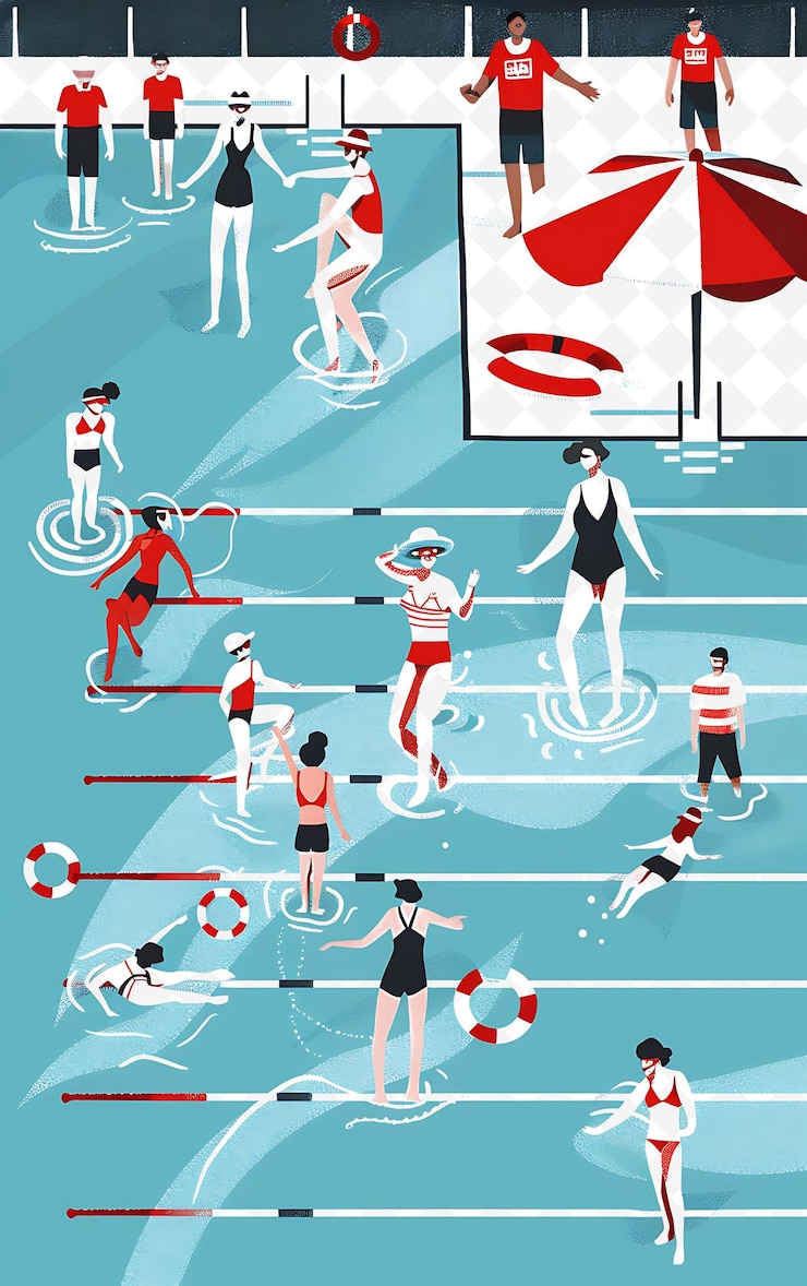 PSD configuración de la piscina con nadadores y socorristas para el diseño del cartel de ilustración elect flat