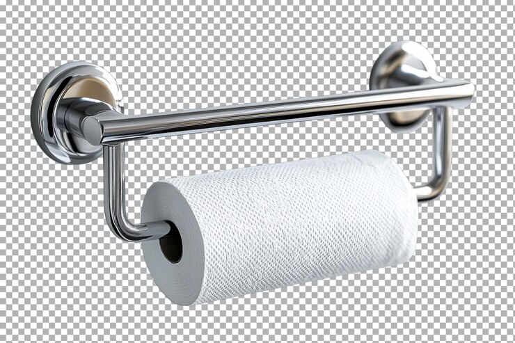 PSD configuración sencilla del baño con un rollo de toalla de papel colocado cuidadosamente en un soporte moderno de acero inoxidable