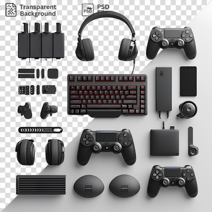 PSD configuración de transmisión de videojuegos profesional transparente con auriculares negros un teclado negro y un ratón gris y negro en un fondo transparente