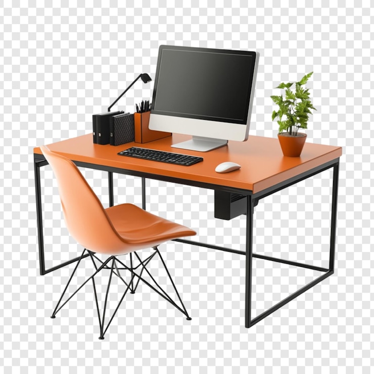 PSD configuration de bureau orange moderne avec des jambes en métal noir une chaise assortie clavier souris lampe de bureau et plante en pot design d'espace de travail minimaliste