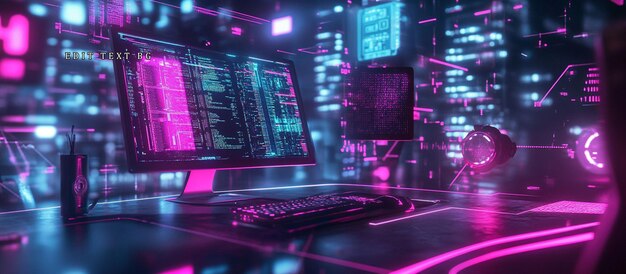Une configuration informatique futuriste éclairée par le néon avec un code numérique brillant sur les écrans