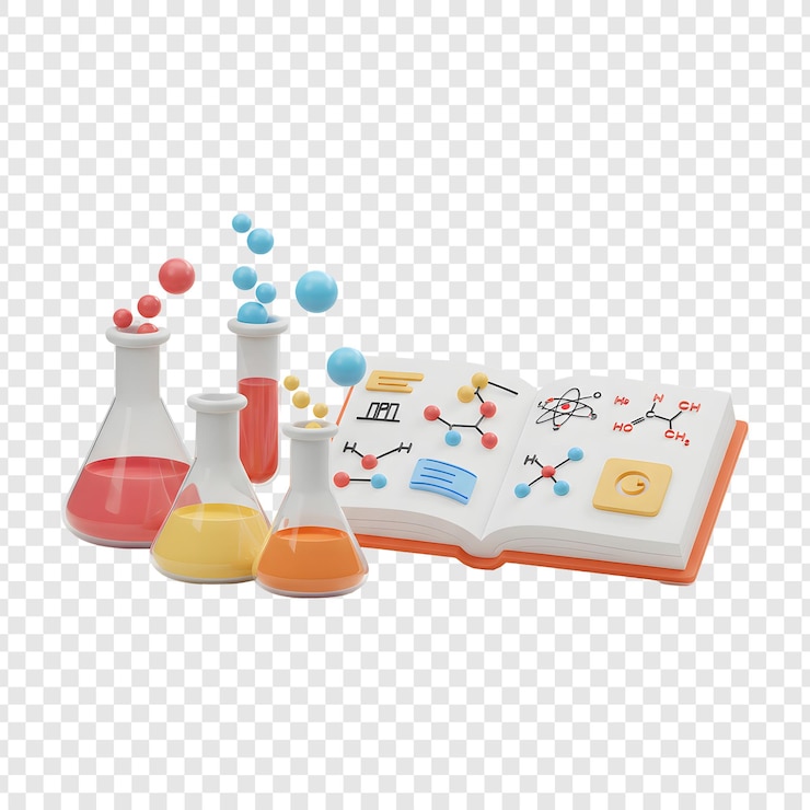 PSD configuration de laboratoire de chimie avec des flacons, des gobelets et un manuel de sciences