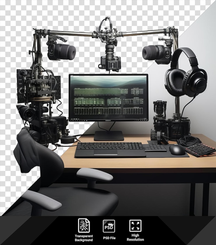 PSD configurazione di streaming di videogiochi professionali impostata su una scrivania di legno con cuffie nere tastiera e mouse accompagnati da una sedia nera png