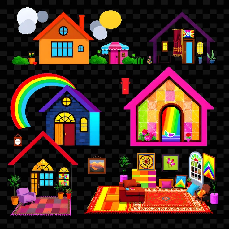 PSD configure casas de arco-íris com padrões caleidoscópicos azulejos coloridos gradiente png designs de elementos de casaw