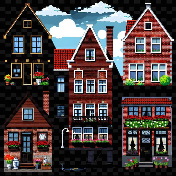 PSD configure casas de canal holandês com telhados de gable de charme clássico grandes janelas um elemento de casa png designsd