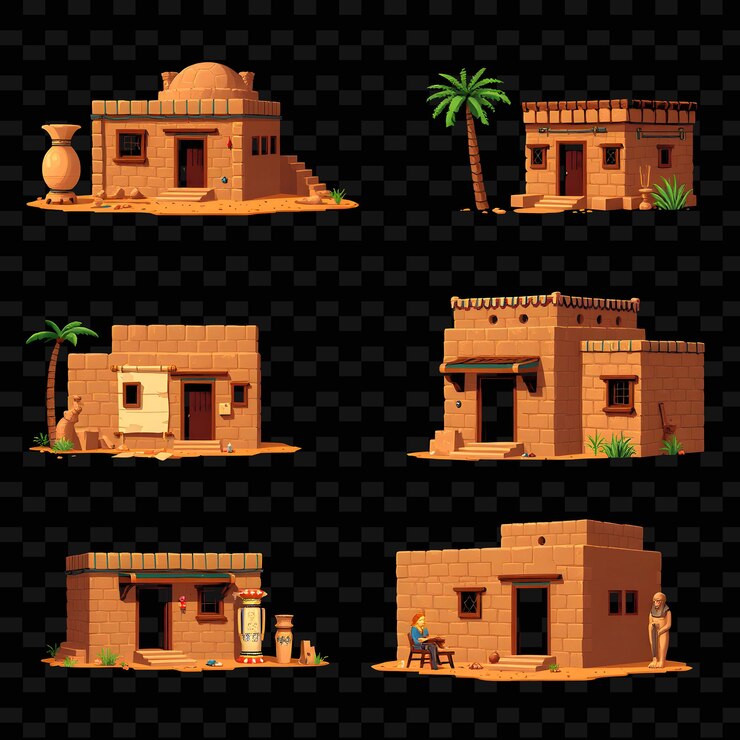 PSD configure casas de tijolos de barro egípcios com elegância antiga telhados planos designs de elementos de casas png do pátio