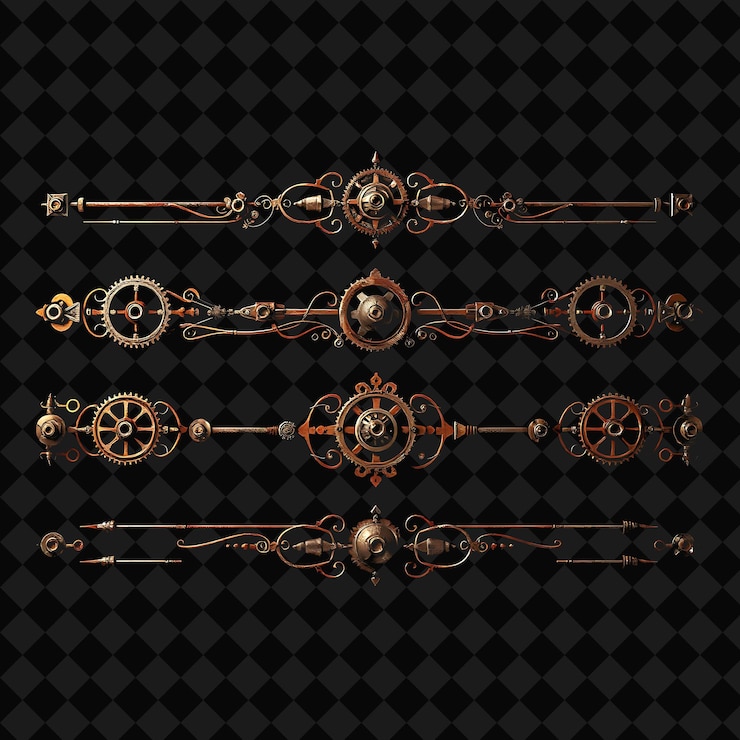 PSD confini decorativi ingranaggi coni e bulloni metallici scuri con toni di ruggine steampunk style mechanica