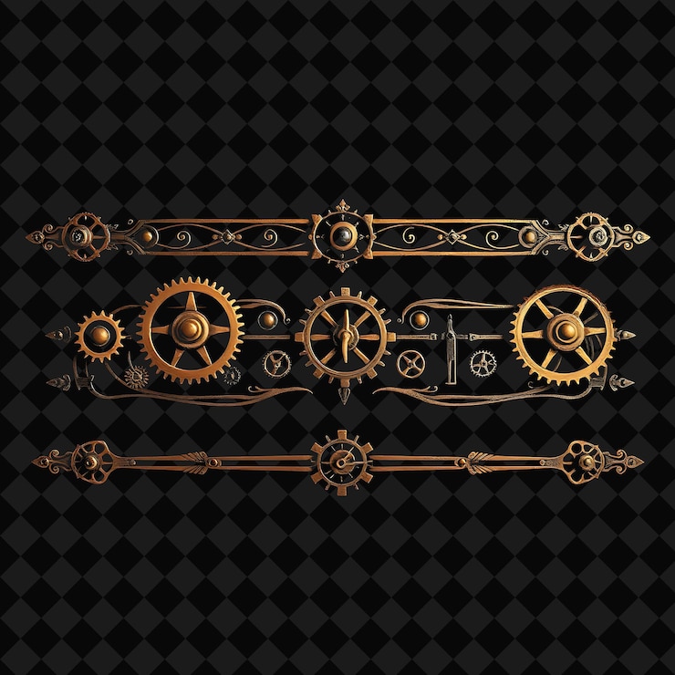 PSD confini decorativi ingranaggi maniglie e mani dell'orologio bronzo antico con influenza steampunk marrone scuro