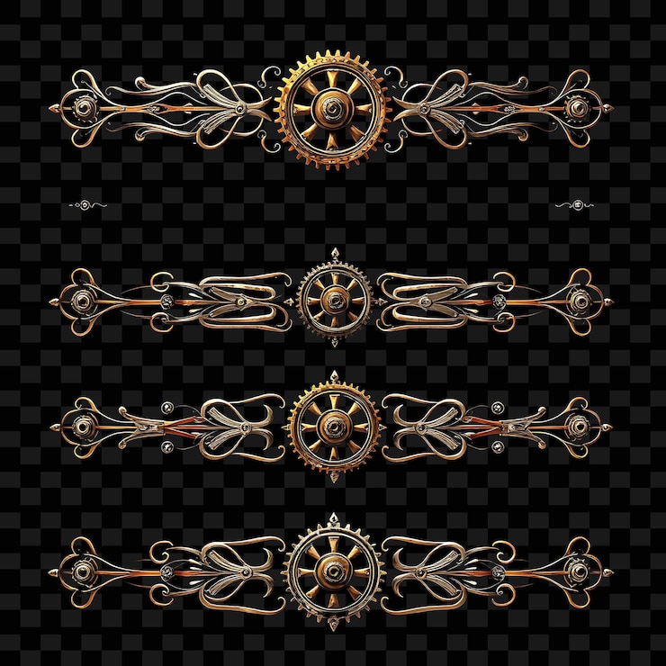 PSD confini decorativi ingranaggi orologi acciaio toni metallici con bronzo e argento steampunk indus