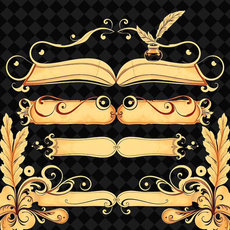 PSD confini decorativi libri piume inchiostri sepia antica e beige vittoriana ispirata da intricate