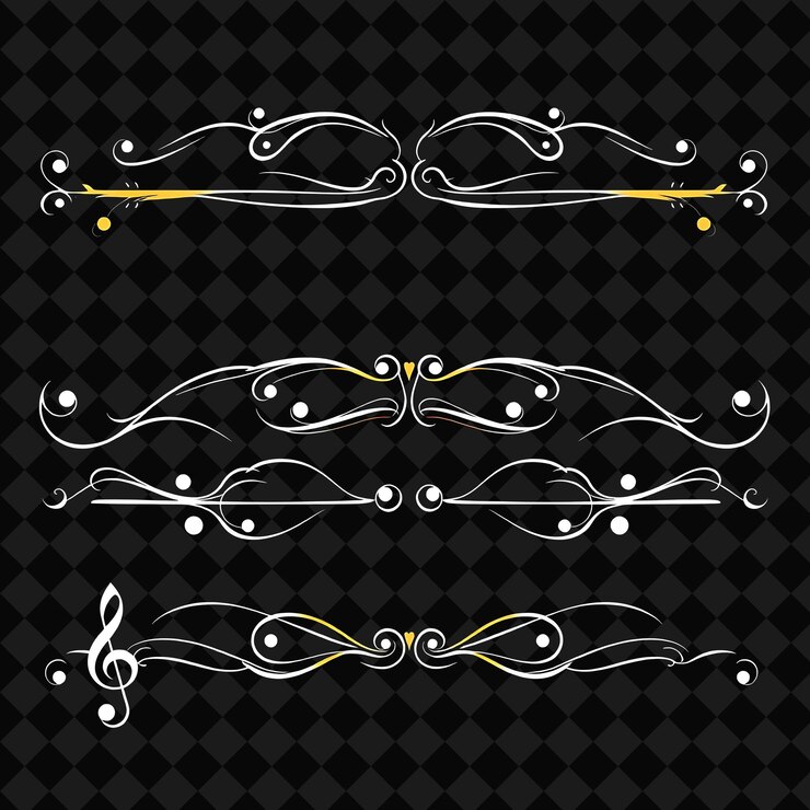 PSD confini decorativi note musicali treble chiavi e bastoni bianco e nero con accenti dorati classi