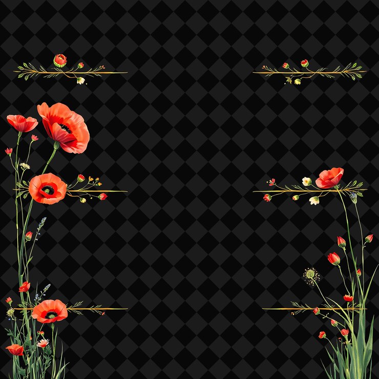 PSD confini decorativi papaveri fiori selvatici erbe rossi e verdi brillanti stile di pittura impressionista