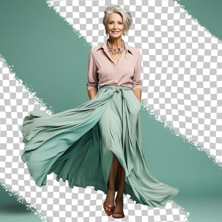 PSD una confusa mujer de mediana edad con cabello corto de la etnia escandinava vestida con ropa de fotógrafo posa en una longitud completa con estilo de vestido fluido contra un fondo de menta pastel