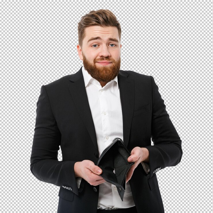 PSD confuso hombre de negocios barbudo con el bolso vacío