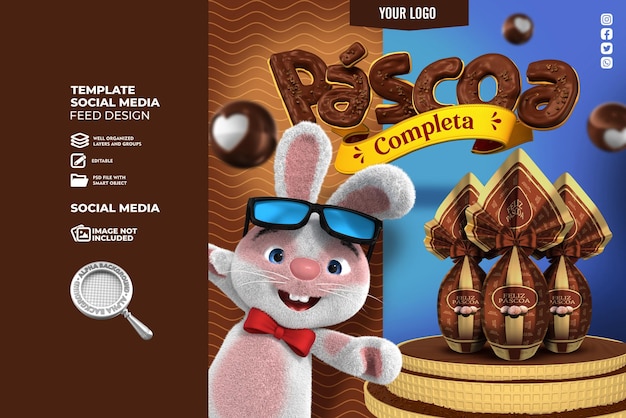 Coniglio bianco con occhiali e uova di pasqua Premium Psd