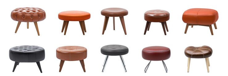 Conjunto de 10 varios diseñadores modernos pequeños taburetes de cuero aislados en fondo aislado redondo