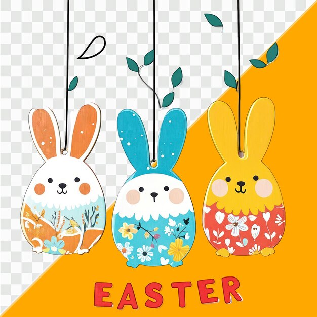 Conjunto de 3 carillones de viento en forma de conejo de Pascua con cuerpos de huevos coloridos y estilo de clip art de texto de Pascua