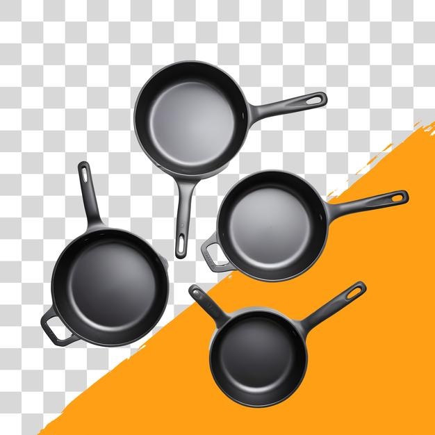 conjunto de 3 sartenes negras no pegajosas aisladas sobre un fondo transparente png