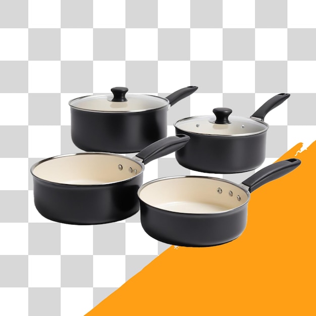 conjunto de 3 sartenes negras no pegajosas aisladas sobre un fondo transparente png