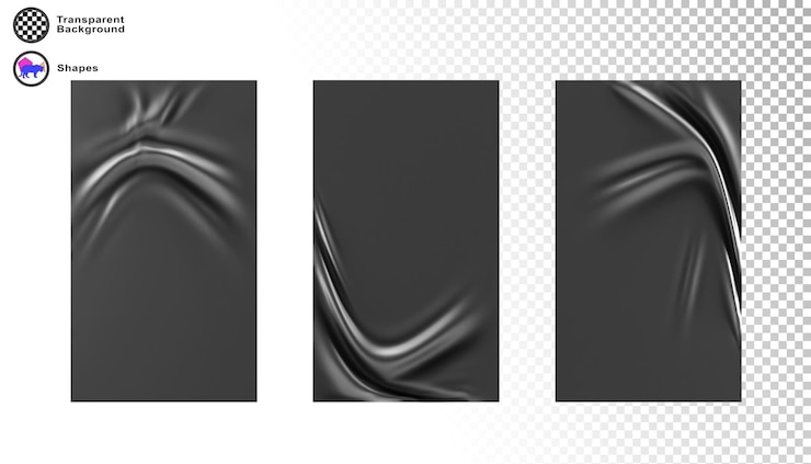 PSD conjunto 3d de bolsas de envoltura de película plástica negra fondo de textura del paquete polietileno estirable o celofán renderizado maqueta de hoja de papel pegado brillante con efecto arrugado y plegado
