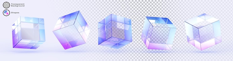 PSD conjunto 3d de iconas de renderización de cubos de vidrio holográficos de luz de cristal formas de bloques geométricos transparentes abstractos con gradiente de holograma y efecto de dispersión objetos cuadrados brillantes aislados