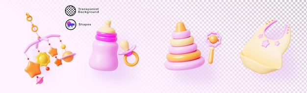 Conjunto 3d de icono de renderización de dibujos animados de niñas rosas Botella de leche chupete de alimentación juguetes de bib pirámide móvil para niños Accesorios de cuidado de recién nacidos y bebés objetos aislados para niños pequeños